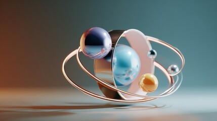 Abstract geometric art featuring spheres, rings, and a crescent shape. 