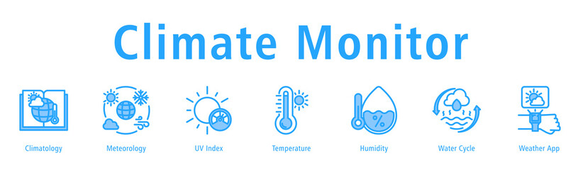 Climate Monitor web banner icon vector illustration with icons of Climatology, Meteorology, UV Index, Temperature, Humidity, Water Cycle, and Weather App.