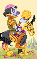 Horror cartoon version of the Knight of Pentacles. Vector illustration.
