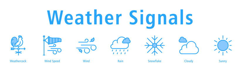 Weather Signals web banner icon vector illustration with icons of Weathercock, Wind Speed, Wind, Rain, Snowflake, Cloudy, and Sunny.