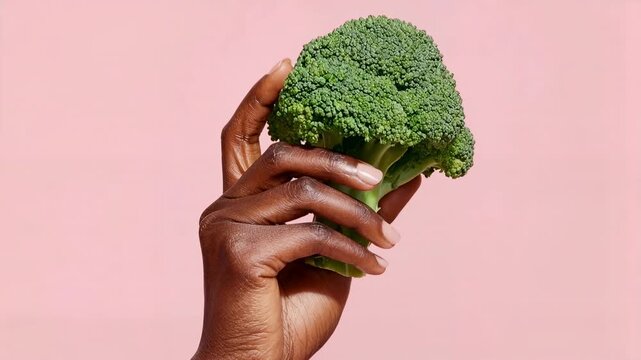 A dark skinned hand holds a bright green piece of broccoli against a pastel backdrop celebrating plant based nutrition fresh vegetables healthy lifestyle choices and modern minimal food advertising wi