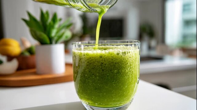 Vibrant green smoothie is poured into a clear glass on a cozy kitchen counter surrounded by plants suggesting wellness detox natural ingredients morning routine and contemporary home lifestyle focused