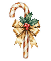 Festive candy cane with a golden snowflake ribbon and holly berries, perfect for holiday and christmas celebrations, isolated element. isolated on transparent background