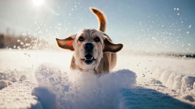 A happy dog runs through deep snow toward the camera throwing up powdery flakes expressing joy freedom winter play friendship and active pet lifestyle in a bright outdoor scene