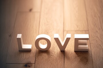 Elegant White LOVE Letters on Wooden Floor with Cozy Lighting for Romantic Decor Wedding Backdrop or Emotional Art Display