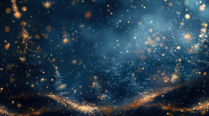 Christmas blue background with golden snowflakes, Christmas trees and bokeh. Mockup for festive greeting card. Copy space