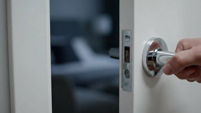 Close Up Of A Hand Turning A Polished Metal Door Knob Opening A White Door To A Dimly Lit Bedroom With A Soft Blurred Background