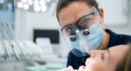 Woman wearing a mask and glasses is examining a woman's teeth