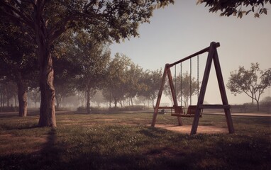Fototapeta premium Wooden swing set in park setting with trees and overcast sky