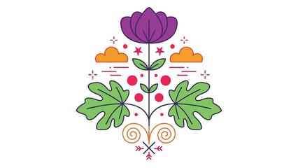 Obraz premium Whimsical stylized flower with leaves, clouds, and decorative elements