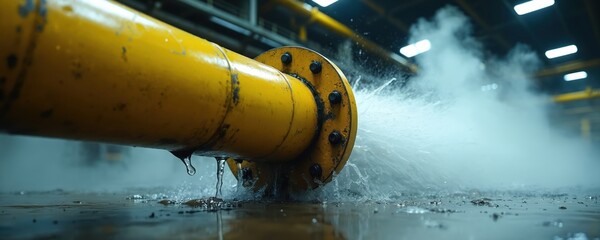 Big yellow pipe leaks water onto floor. Mist fills room, creating hazard in plant. Broken pipe, rusted and damaged, needs urgent repair at industrial facility to avoid bankruptcy.