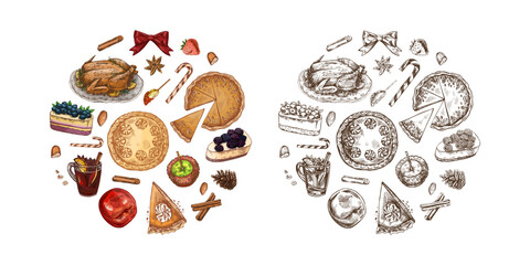Hand drawn vintage sketch of round Christmas dinner and dessert set in color and monochrome festive version