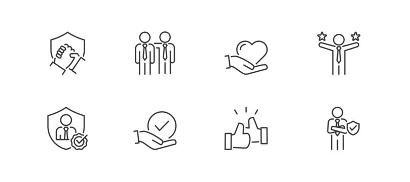 Trust Building icon set containing trust, reliance, sincerity, competence, credibility, assurance, commitment and integrity vector icons