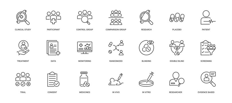 Clinical Trial icon set containing clinical study, participant, control group, comparison group, research, placebo, patient, treatment, randomized, double-blind, medicines, in vivo and in vitro