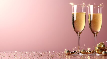  Celebration with two glasses of sparkling drink on a pink background during a festive occasion