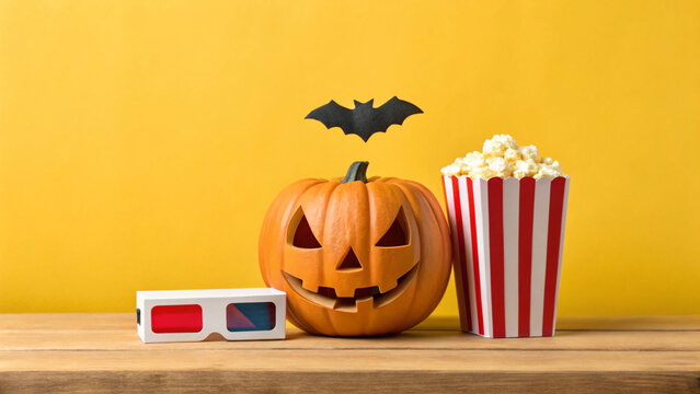 Halloween pumpkin and popcorn with 3D glasses and bat decoration on yellow background