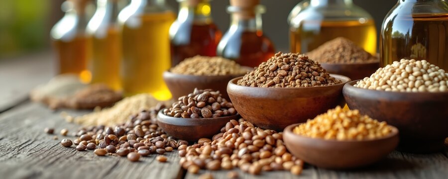 Various seeds and natural oils in glass bottles and wooden bowls on rustic table. Closeup view includes sunflower soy flax seeds and cooking spices. Healthy food ingredients assortment.