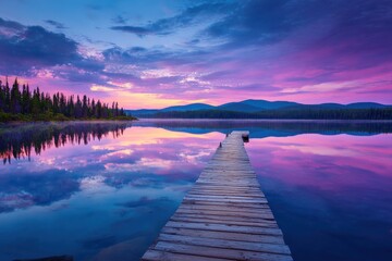 Wooden Pier Extending Into Tranquil Lake Under a Vibrant Sunset Sky Reflecting Colors in Still Water