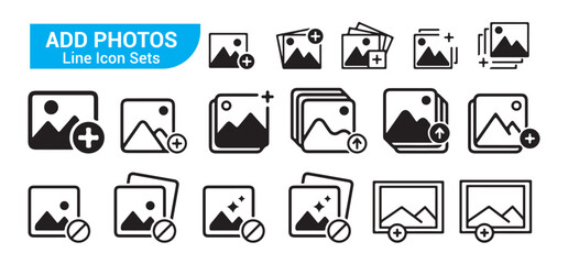 Add photos line icon sets concept showing various camera and image icons with plus signs for adding media