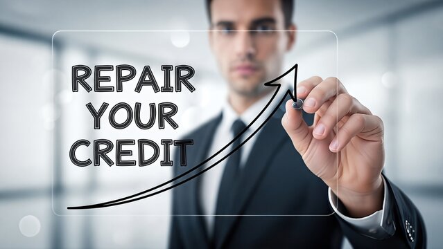 Businessman in a suit writing on a transparent screen, illustrating the concept of improving credit history and credit rating with a positive upward trend
