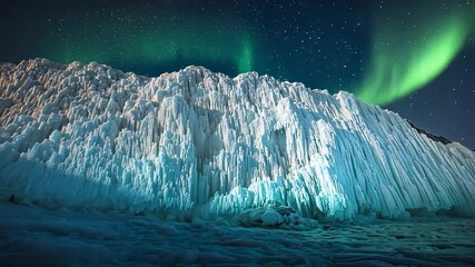 Glowing large serrated ice wall shifting highlights at glacier forefield, aurora brightening above - Powered by Adobe
