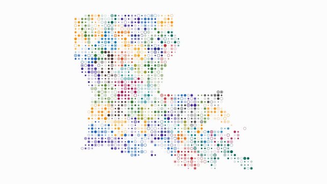 Louisiana animated shape. Pulsating colored dots on the map of the state. Small size circle blocks. Digital style Louisiana map on white background. Awesome animation video.