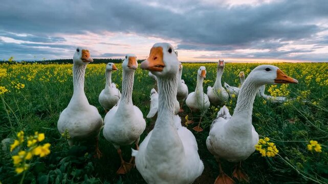 A group of geese stands alert in a flowering meadow beneath dramatic clouds capturing free range farming spring migration wildlife observation and peaceful countryside moments for nature and agricultu