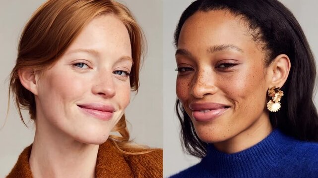 Two diverse women smile warmly in soft studio light celebrating friendship confidence natural beauty and modern inclusive representation for skincare campaigns lifestyle editorials and body positive s