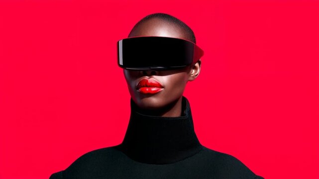 A striking front view of a person wearing a reflective visor on vivid red combines bold style anonymity and virtual reality culture for sci fi branding immersive tech promotion and modern entertainmen