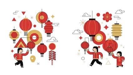 Joyful Celebration Traditional Chinese Lanterns Geometric Style