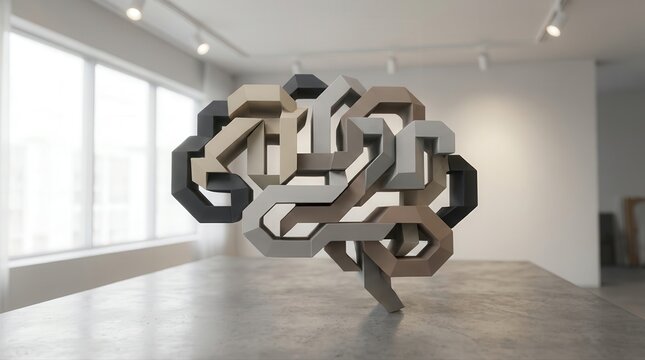 Abstract geometric brain model showcasing complex thought and neural networks in a modern setting