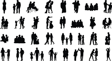 Human silhouette vector set, family and companion poses, emotional interaction clipart, minimalist black figures, lifestyle icons, relationship and bonding graphics