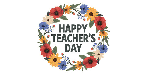 Happy teachers day floral wreath with colorful flowers, isolated on white background