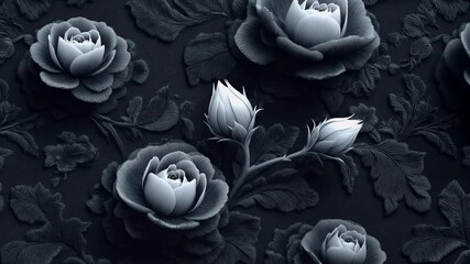 Detailed relief of roses and leaves in cold bluish tones creating sophisticated floral surface for elegant branding interior visuals packaging mockups and moody romantic stories about timele