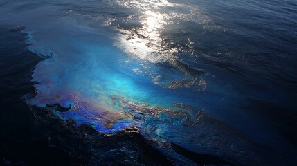 Iridescent sheen of oil slick shimmering across dark ocean water surface reflecting bright sunlight in a striking environmental contrast