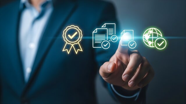 Businessman touching digital icons representing quality assurance and compliance