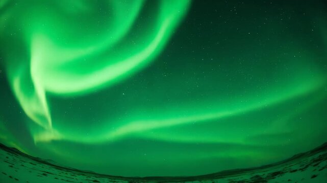 Shifting green auroral curtains sweeping over arctic plain, forming swirling vortex and ribbons