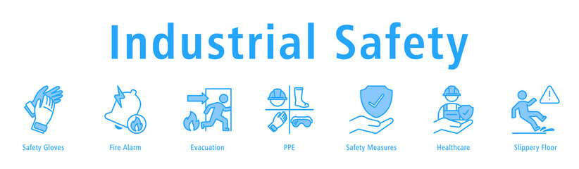 Industrial Safety banner with Gloves, Fire Alarm, Evacuation, PPE, Measures, Healthcare, and Slippery Floor.