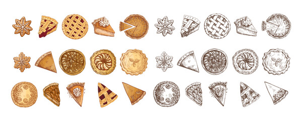 Hand drawn vintage set of holiday pies, cookies, cheesecakes and sweets in color and monochrome on white background