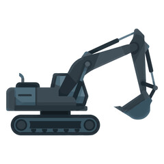 Heavy-duty dark grey excavator vector flat cartoon illustration construction machine