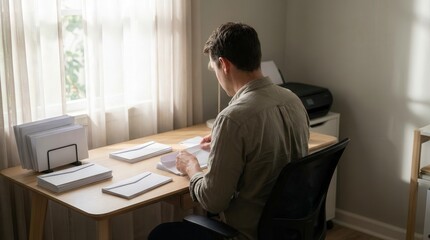 Productive man organizing envelopes at a modern home office desk bathed in natural light