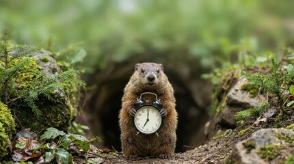 Obraz premium Groundhog holding vintage clock stands at burrow entrance surrounded by lush greenery, symbolizing time and seasonal change in a whimsical nature scene