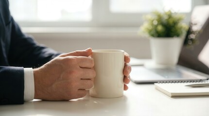Professional holding warm ceramic mug at a bright contemporary office desk with laptop for a quick