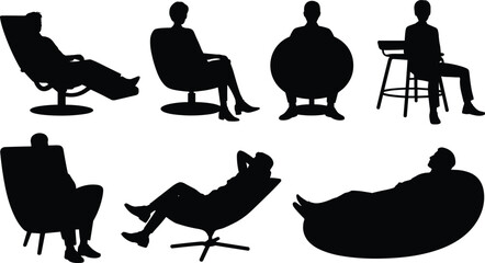 Seated figure silhouette vector set, seven poses in various chair styles and relaxed postures for furniture design, lifestyle, and ergonomics illustration