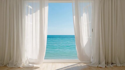 Billowing sheer white curtains at doorway by sea breeze, seagulls flying, sunlight softening floor - Powered by Adobe