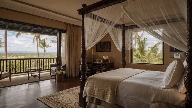 Panning camera highlighting four-poster bed details and showing balcony palm view in resort room