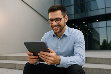 Smiling young man using digital tablet while sitting on stairs outside modern glass office building, enjoying work or content in relaxed moment. Ai generative