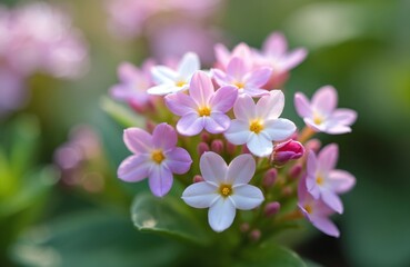 Obraz premium Close up of small lilac pink and white Bacopa flowers bloom. Green leaves and soft bokeh background. Tiny petals with yellow center. Bud developing.