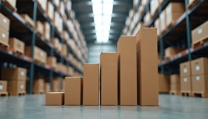 Brown cardboard boxes stacked as ascending bar chart in warehouse. Parcels on shelves in background. Delivery, logistic and shipping concept. Business growth graph. Rising sales statistics.