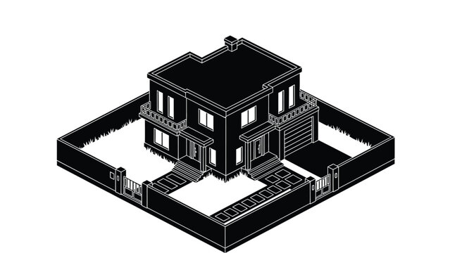 black isometric house with fence and garden clip art preview